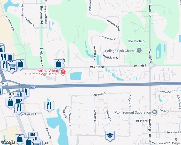map of restaurants, bars, coffee shops, grocery stores, and more near 9555 International Drive in Indianapolis