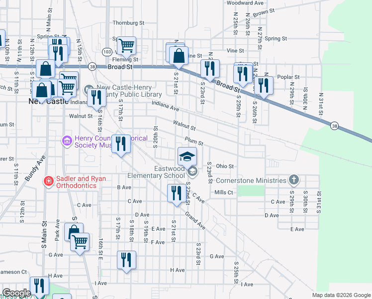 map of restaurants, bars, coffee shops, grocery stores, and more near 634 South 21st Street in New Castle