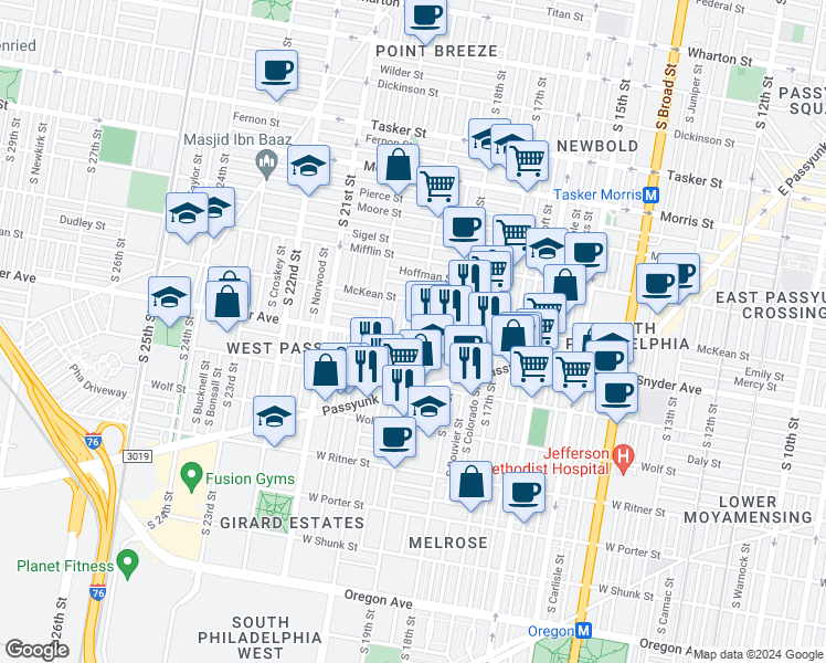 map of restaurants, bars, coffee shops, grocery stores, and more near 2038 South 19th Street in Philadelphia