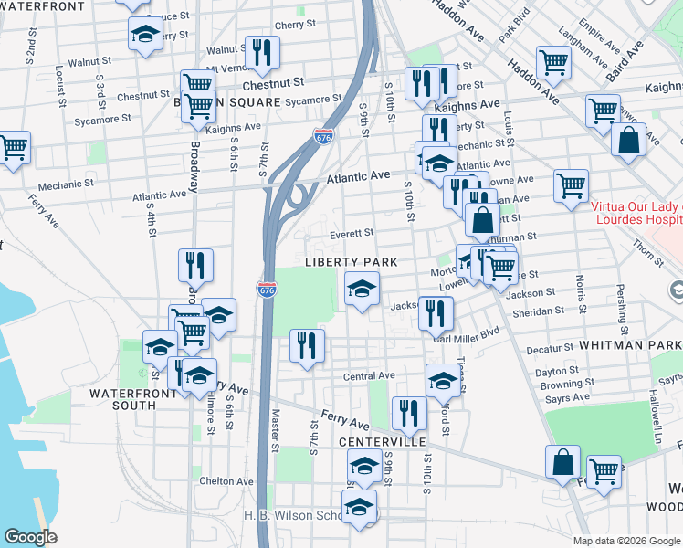 map of restaurants, bars, coffee shops, grocery stores, and more near 1557 South 8th Street in Camden