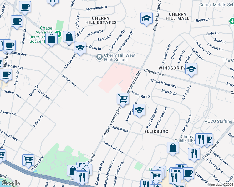 map of restaurants, bars, coffee shops, grocery stores, and more near 690 Cooper Landing Road in Cherry Hill