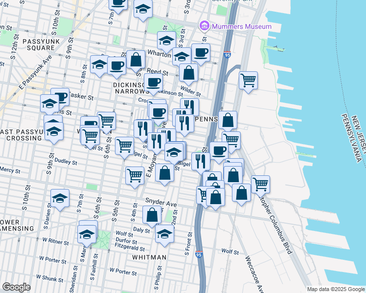 map of restaurants, bars, coffee shops, grocery stores, and more near 1731 South 2nd Street in Philadelphia