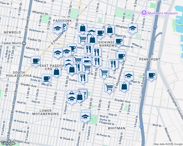 map of restaurants, bars, coffee shops, grocery stores, and more near 615 Sigel Street in Philadelphia