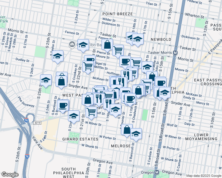 map of restaurants, bars, coffee shops, grocery stores, and more near 2038 South 19th Street in Philadelphia