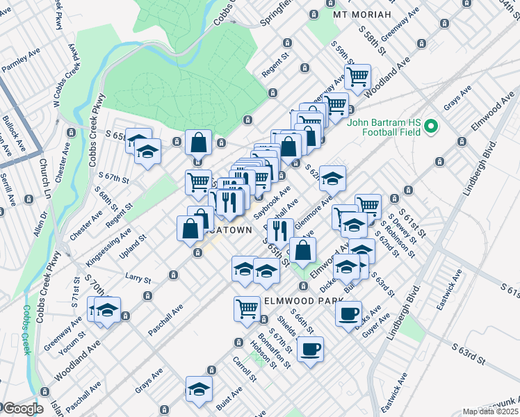map of restaurants, bars, coffee shops, grocery stores, and more near 6417 Saybrook Avenue in Philadelphia