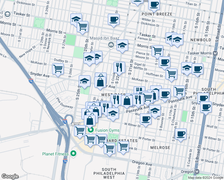 map of restaurants, bars, coffee shops, grocery stores, and more near 2213 Cantrell Street in Philadelphia