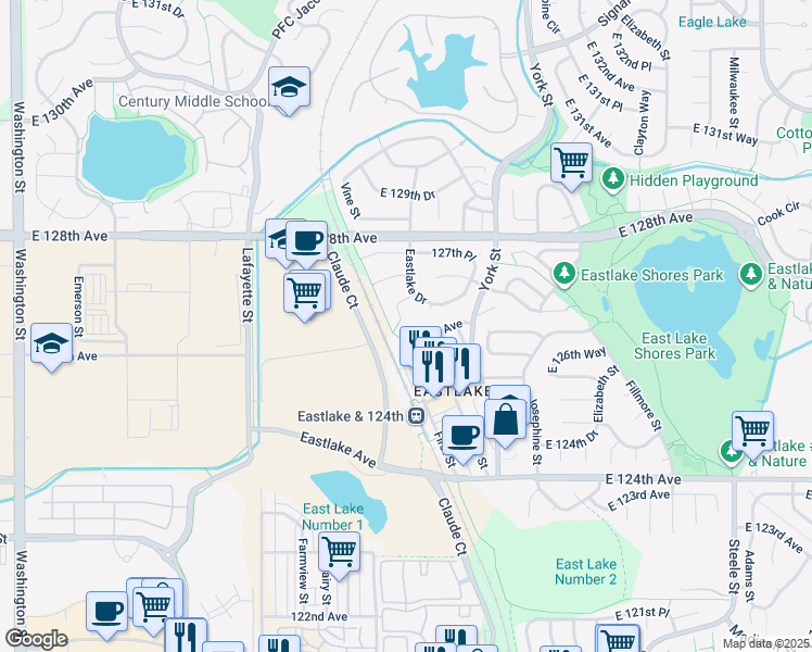 map of restaurants, bars, coffee shops, grocery stores, and more near 2040 East 125th Place in Thornton