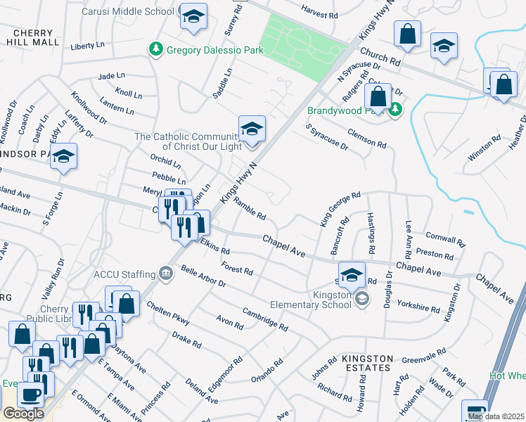 map of restaurants, bars, coffee shops, grocery stores, and more near 113 Ramble Road in Cherry Hill