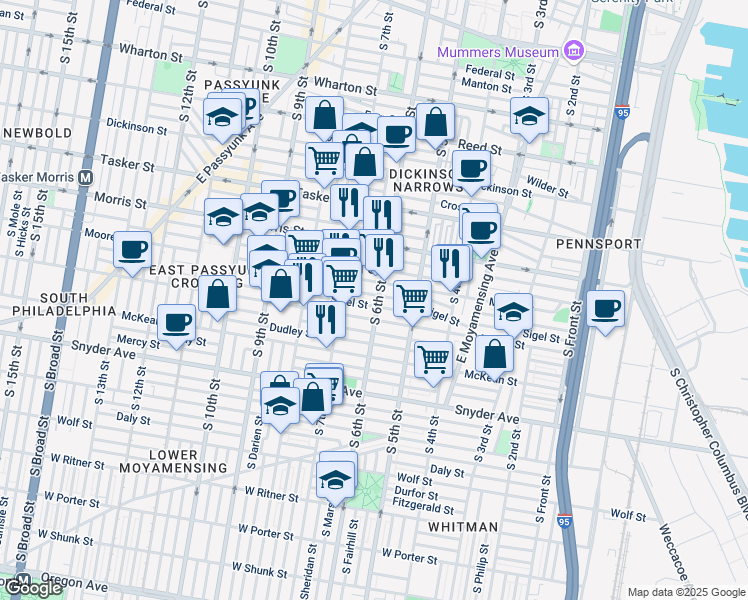 map of restaurants, bars, coffee shops, grocery stores, and more near 1826 South 6th Street in Philadelphia