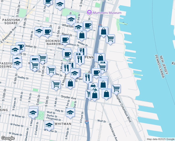 map of restaurants, bars, coffee shops, grocery stores, and more near 105 Pierce Street in Philadelphia