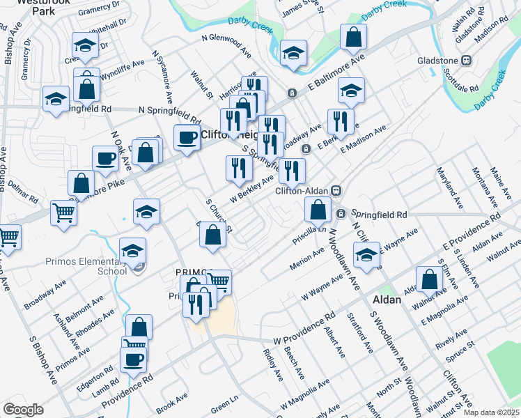 map of restaurants, bars, coffee shops, grocery stores, and more near 411 Cherry Street in Clifton Heights
