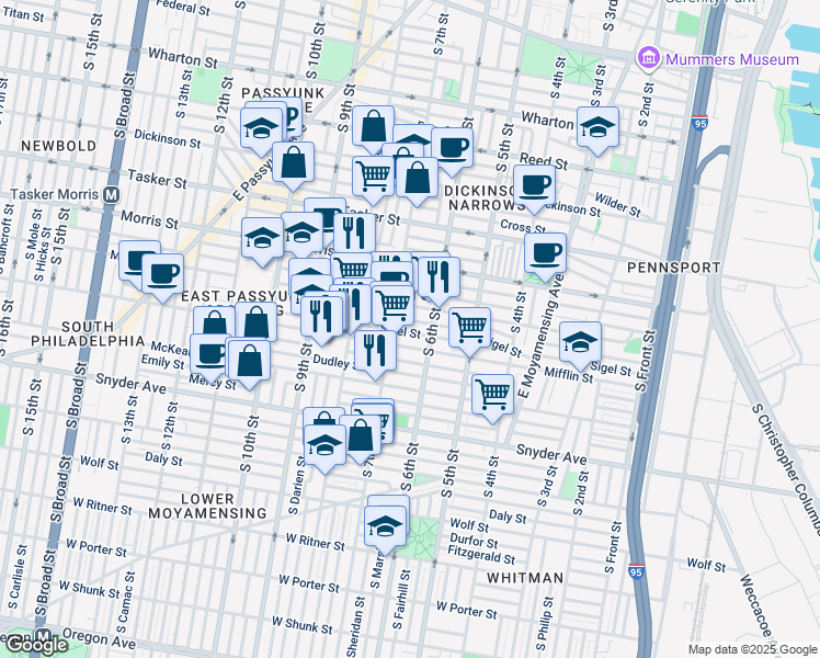 map of restaurants, bars, coffee shops, grocery stores, and more near 621 Sigel Street in Philadelphia