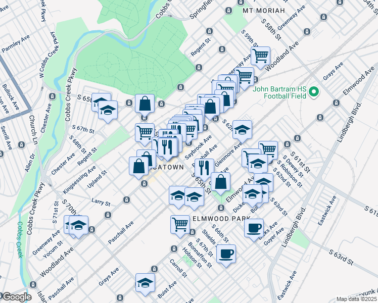 map of restaurants, bars, coffee shops, grocery stores, and more near 6417 Saybrook Avenue in Philadelphia
