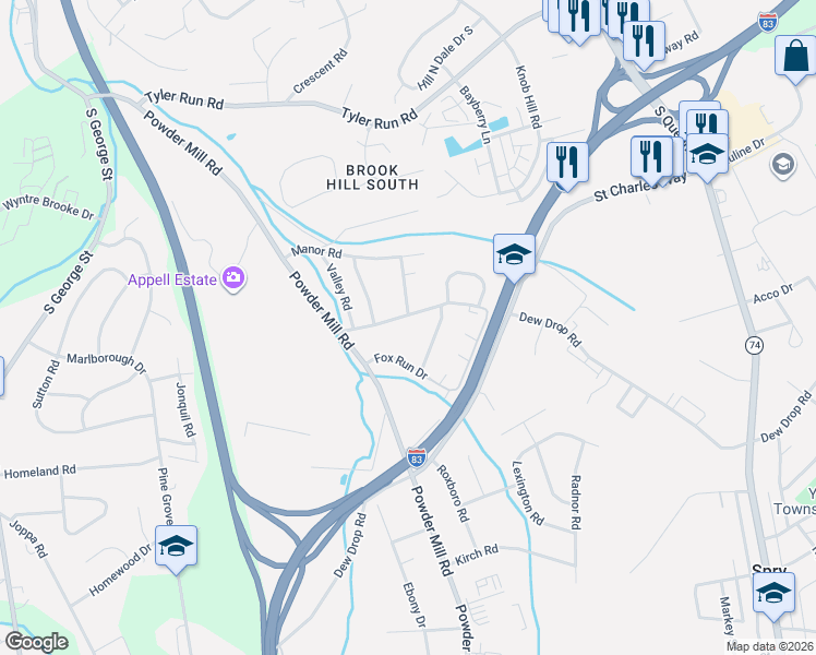 map of restaurants, bars, coffee shops, grocery stores, and more near 40 Dew Drop Court in York