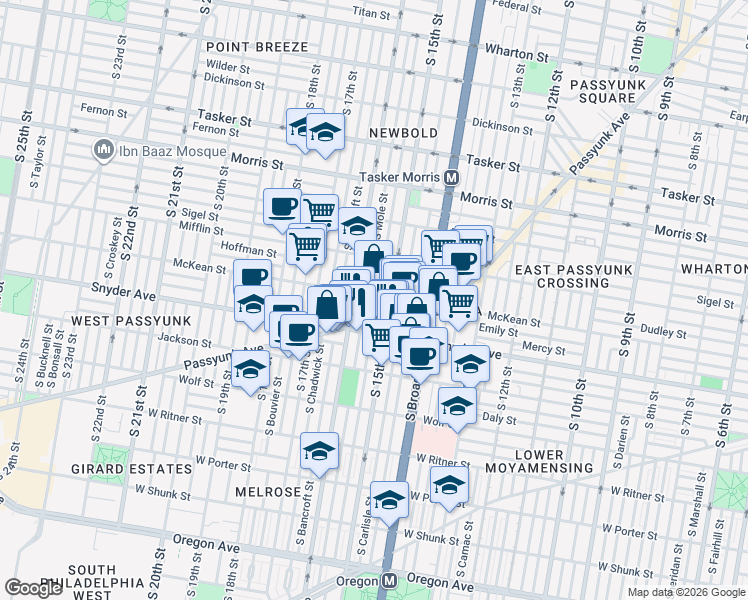 map of restaurants, bars, coffee shops, grocery stores, and more near in Philadelphia