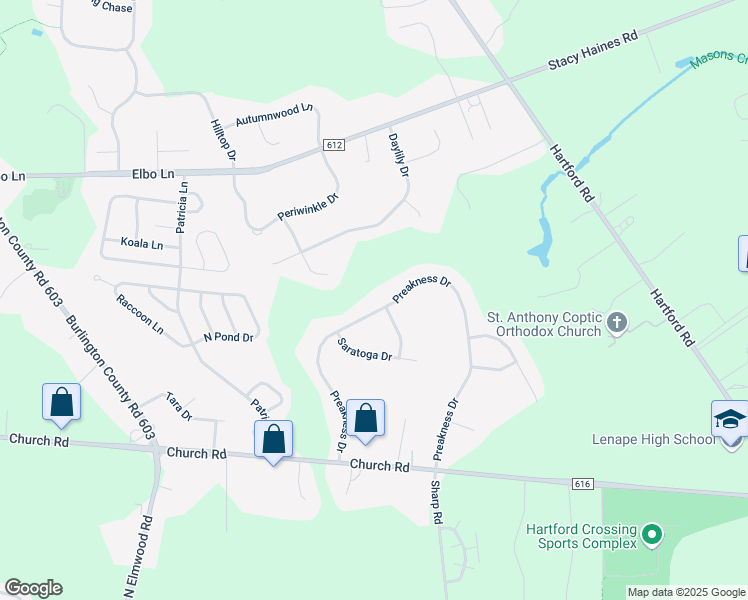 map of restaurants, bars, coffee shops, grocery stores, and more near 154 Preakness Drive in Mount Laurel Township