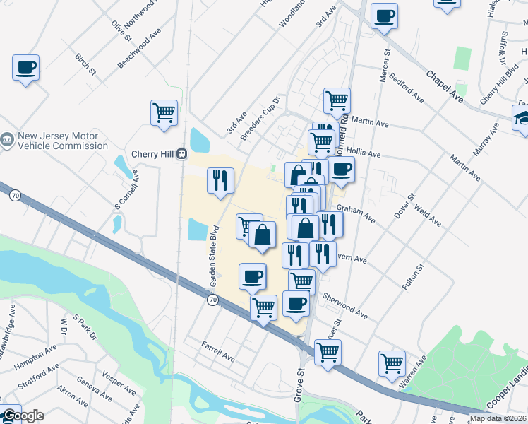 map of restaurants, bars, coffee shops, grocery stores, and more near 3506 Del Mar Dr in Cherry Hill Township