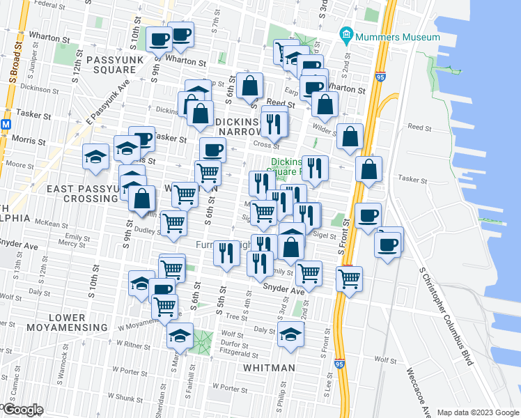 map of restaurants, bars, coffee shops, grocery stores, and more near 1802 South 4th Street in Philadelphia
