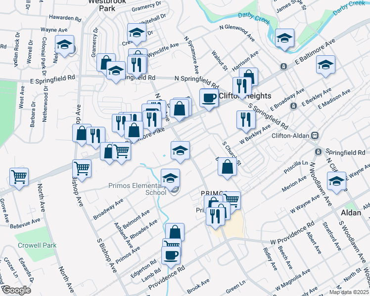 map of restaurants, bars, coffee shops, grocery stores, and more near 100 Oak Avenue in Clifton Heights
