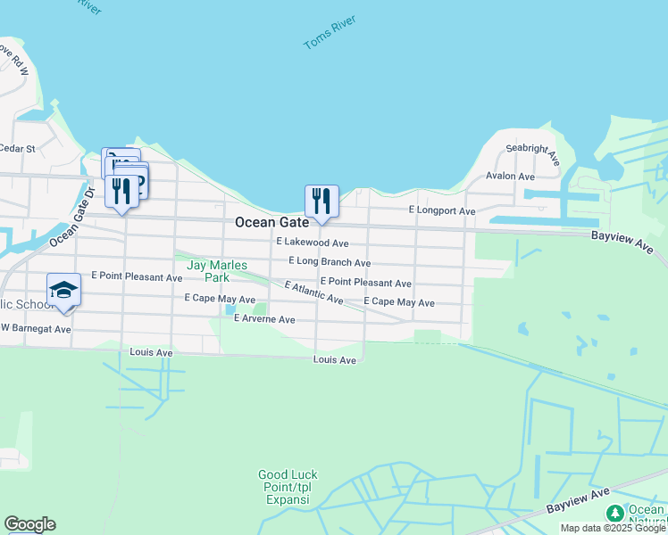 map of restaurants, bars, coffee shops, grocery stores, and more near 414 East Long Branch Avenue in Ocean Gate