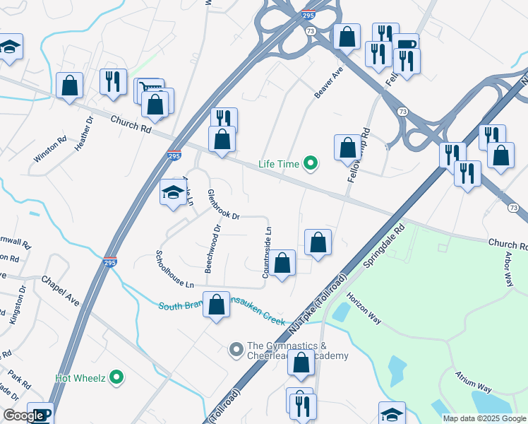 map of restaurants, bars, coffee shops, grocery stores, and more near 170 Glenbrook Drive in Mount Laurel