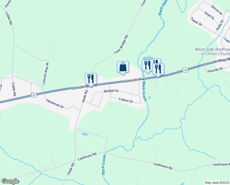 map of restaurants, bars, coffee shops, grocery stores, and more near 13 Linwood Drive in Chambersburg