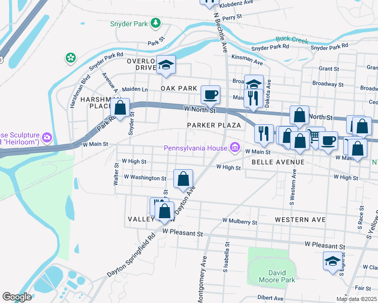 map of restaurants, bars, coffee shops, grocery stores, and more near 1529 West Main Street in Springfield