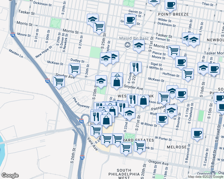 map of restaurants, bars, coffee shops, grocery stores, and more near 2101 South 24th Street in Philadelphia