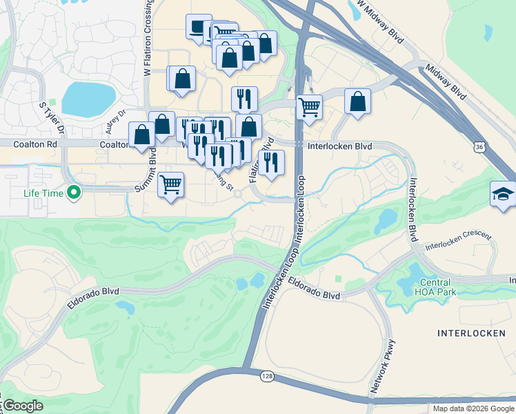 map of restaurants, bars, coffee shops, grocery stores, and more near 480 Flatiron Boulevard in Broomfield