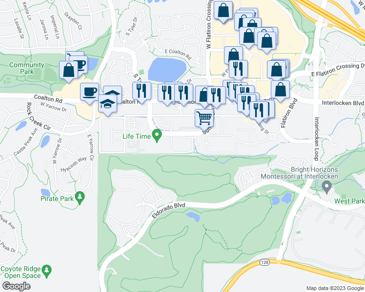 map of restaurants, bars, coffee shops, grocery stores, and more near 400 Summit Boulevard in Broomfield