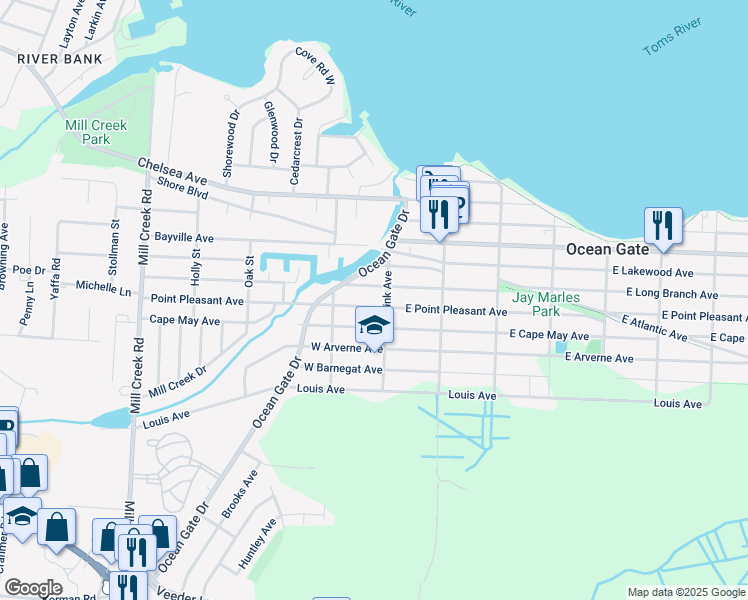 map of restaurants, bars, coffee shops, grocery stores, and more near 116 West Point Pleasant Avenue in Ocean Gate