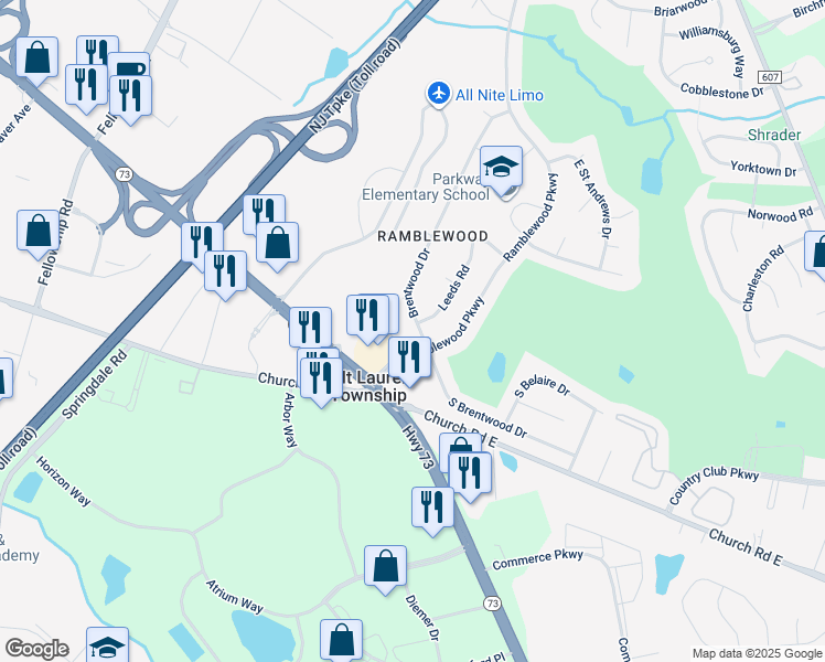 map of restaurants, bars, coffee shops, grocery stores, and more near 104 Brentwood Dr in Mount Laurel