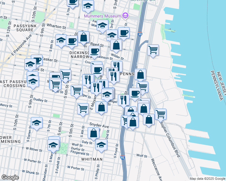 map of restaurants, bars, coffee shops, grocery stores, and more near 208 Moore Street in Philadelphia