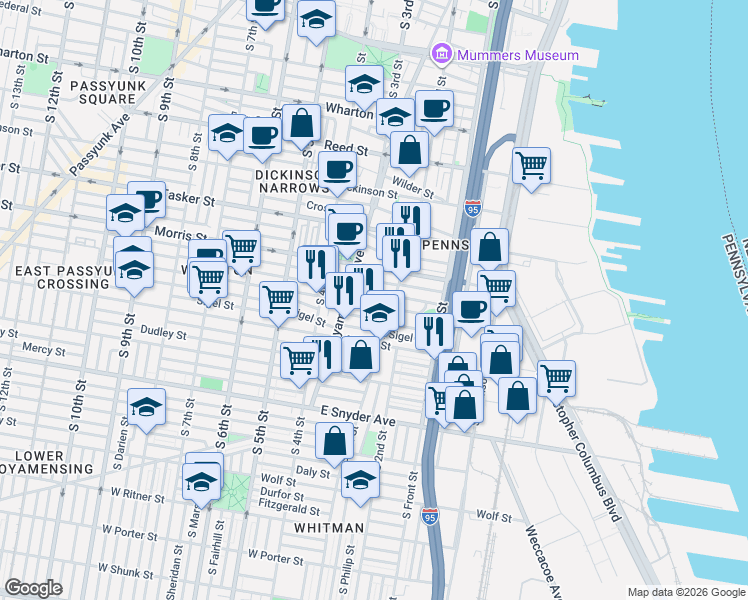 map of restaurants, bars, coffee shops, grocery stores, and more near 208 Moore Street in Philadelphia