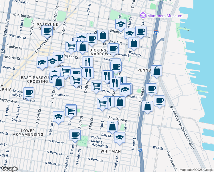 map of restaurants, bars, coffee shops, grocery stores, and more near 1802 South 4th Street in Philadelphia