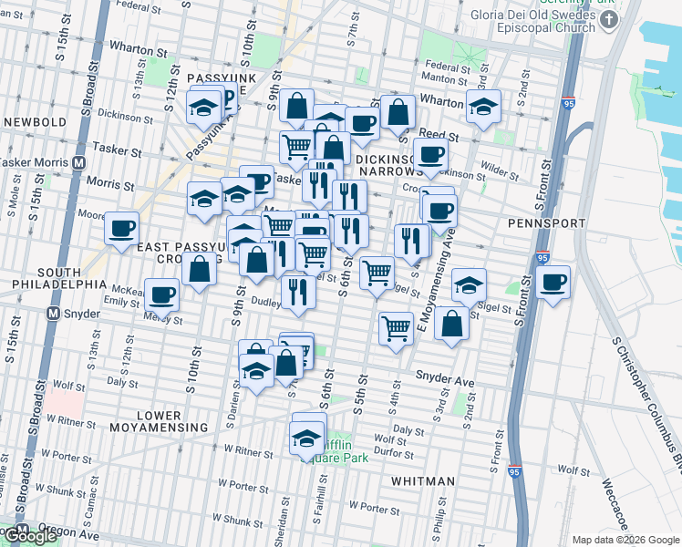 map of restaurants, bars, coffee shops, grocery stores, and more near 1826 South 6th Street in Philadelphia