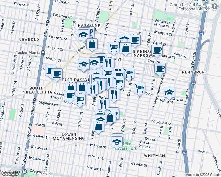 map of restaurants, bars, coffee shops, grocery stores, and more near 736 Mifflin Street in Philadelphia