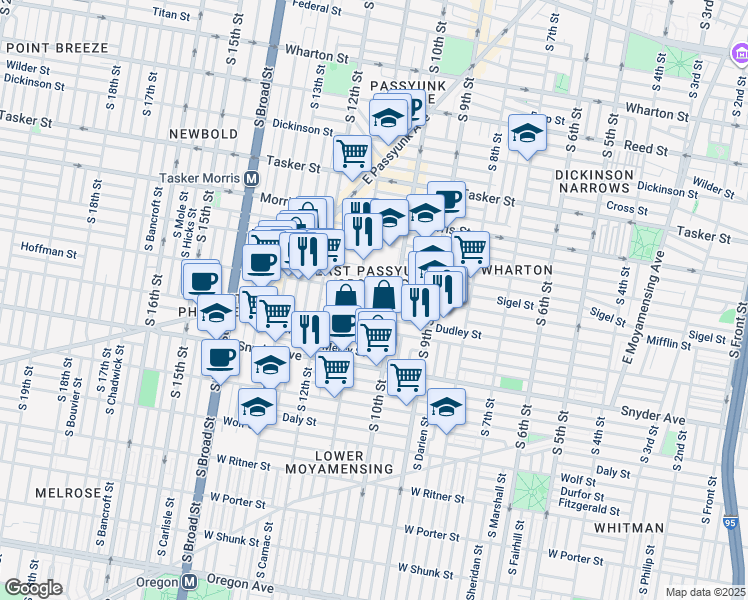 map of restaurants, bars, coffee shops, grocery stores, and more near 1901 South Warnock Street in Philadelphia