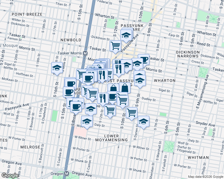 map of restaurants, bars, coffee shops, grocery stores, and more near 1927 South Sartain Street in Philadelphia