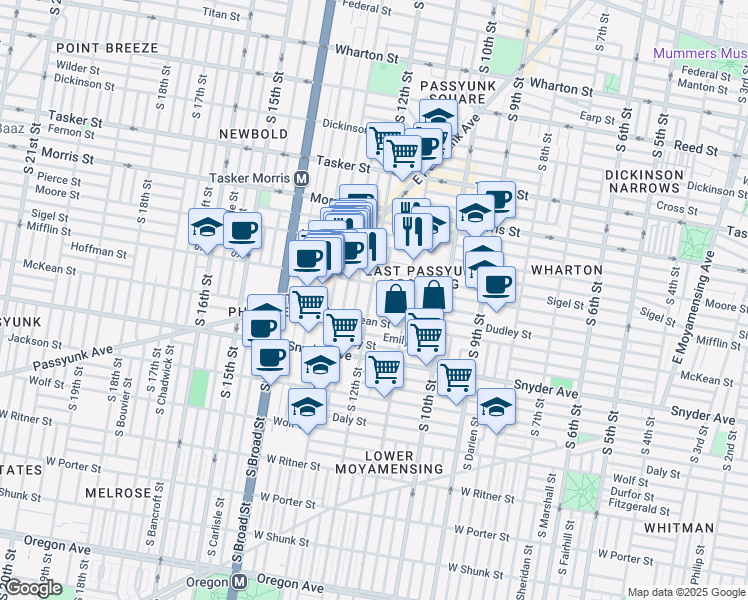 map of restaurants, bars, coffee shops, grocery stores, and more near 1927 South Sartain Street in Philadelphia
