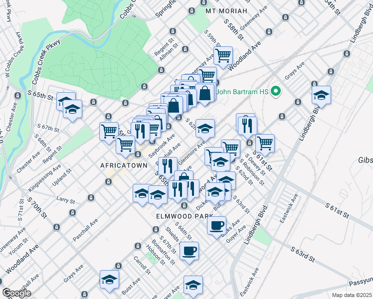 map of restaurants, bars, coffee shops, grocery stores, and more near 6300 Glenmore Avenue in Philadelphia