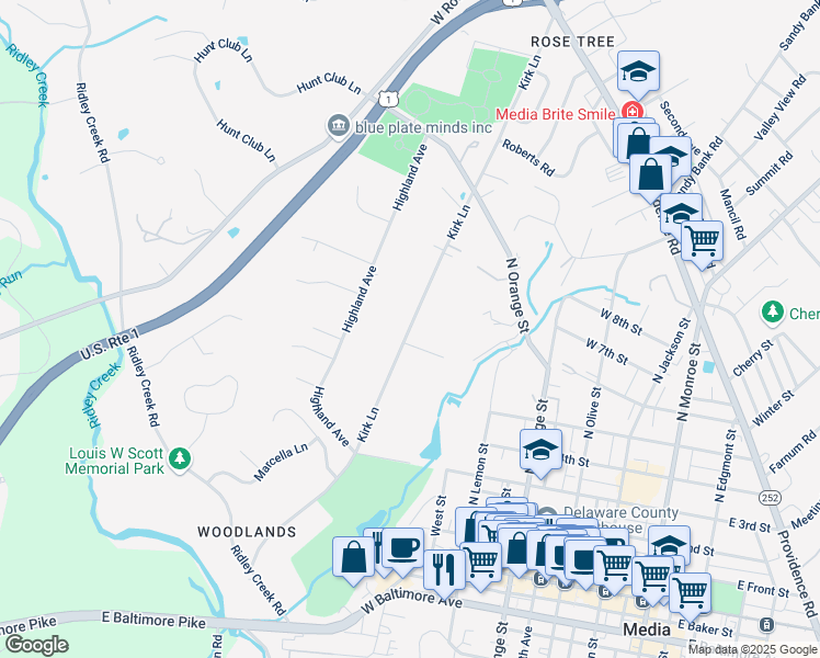 map of restaurants, bars, coffee shops, grocery stores, and more near 381 Kirk Lane in Media
