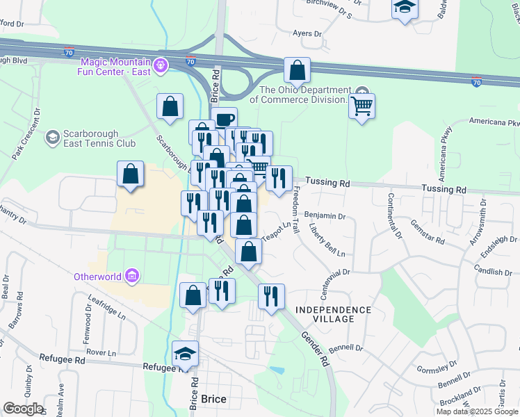map of restaurants, bars, coffee shops, grocery stores, and more near 6433 Mountaineer Trail Court in Reynoldsburg