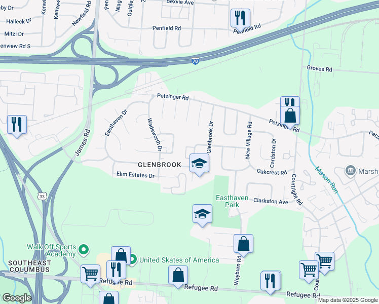 map of restaurants, bars, coffee shops, grocery stores, and more near 2246 Wabash Court West in Columbus