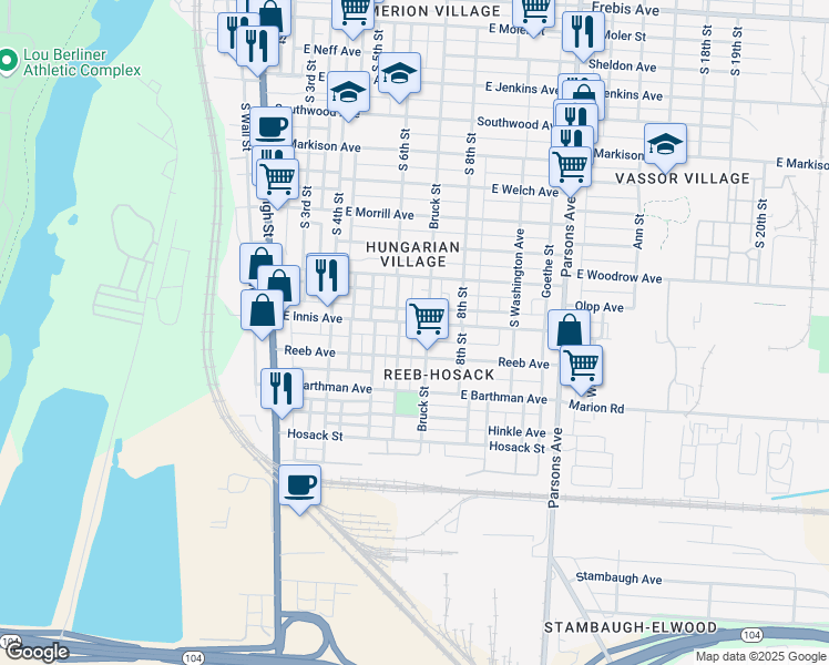 map of restaurants, bars, coffee shops, grocery stores, and more near 1810 South 6th Street in Columbus