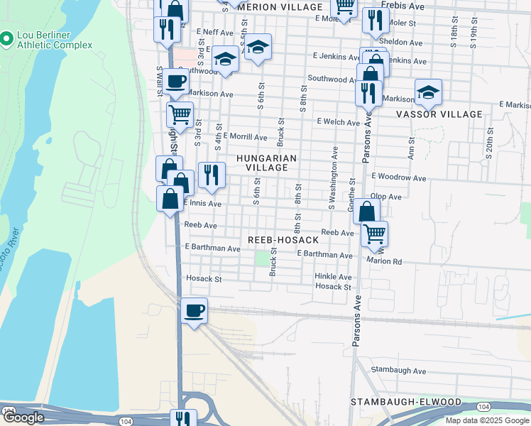 map of restaurants, bars, coffee shops, grocery stores, and more near 1810 South 6th Street in Columbus