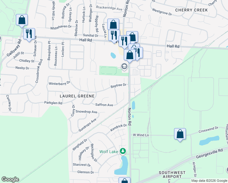 map of restaurants, bars, coffee shops, grocery stores, and more near 1285 Peppercorn Drive in Galloway