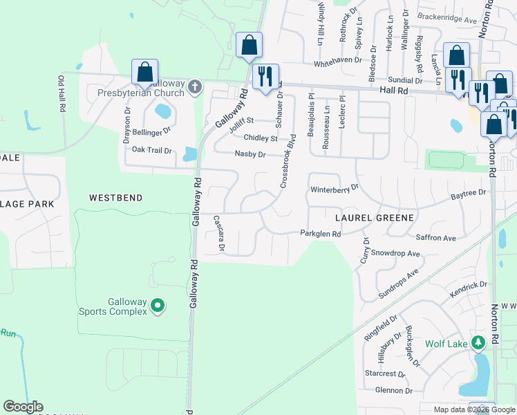 map of restaurants, bars, coffee shops, grocery stores, and more near 1315 Crossbrook Boulevard in Galloway