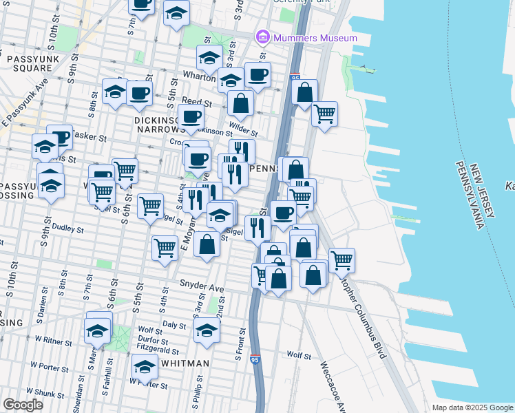 map of restaurants, bars, coffee shops, grocery stores, and more near 105 Pierce Street in Philadelphia