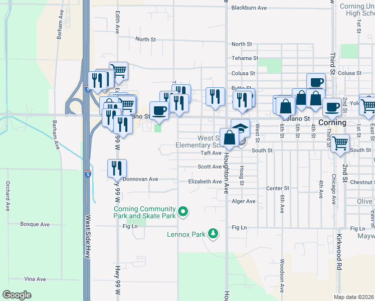 map of restaurants, bars, coffee shops, grocery stores, and more near 1958 Taft Avenue in Corning